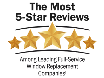 Badge showing that Renewal by Andersen has the most 5-star reviews among leading full-service window replacement companies.