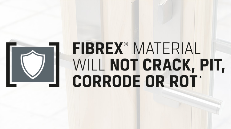 Patio door handles with a badge claiming that Renewal by Andersen's Fibrex material will not crack, pit, corrode, or rot.