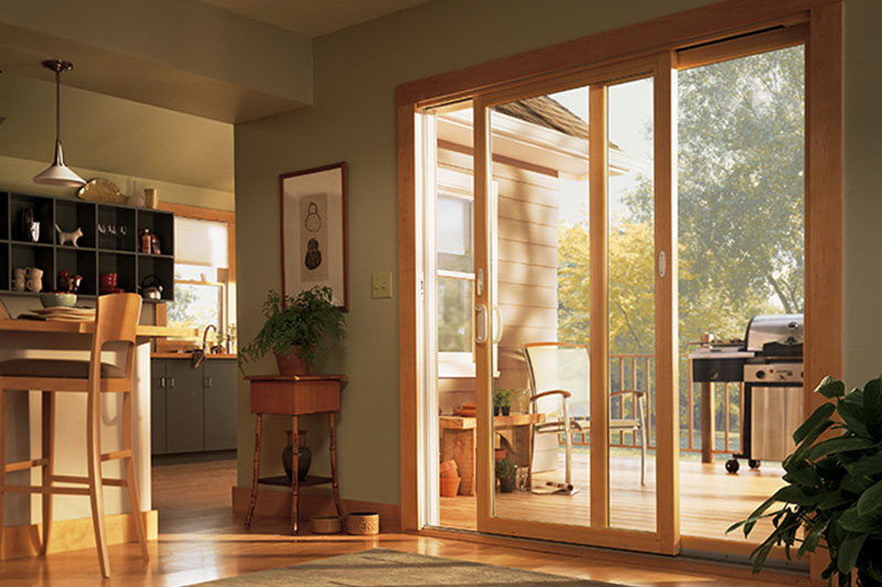 Gliding French patio door made by Renewal by Andersen in a kitchen.